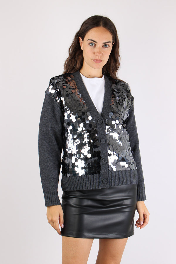 Cardigan Maxi Paillettes Grigio-2