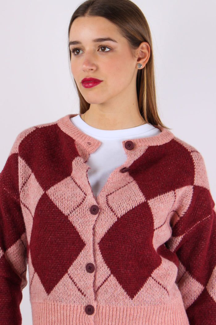 Cardigan Intarsi Rombi Rosa/bordeaux-8