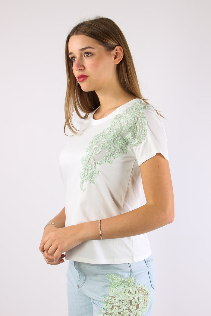 T-shrit Inserto Pizzo Paillettes Bianco-4
