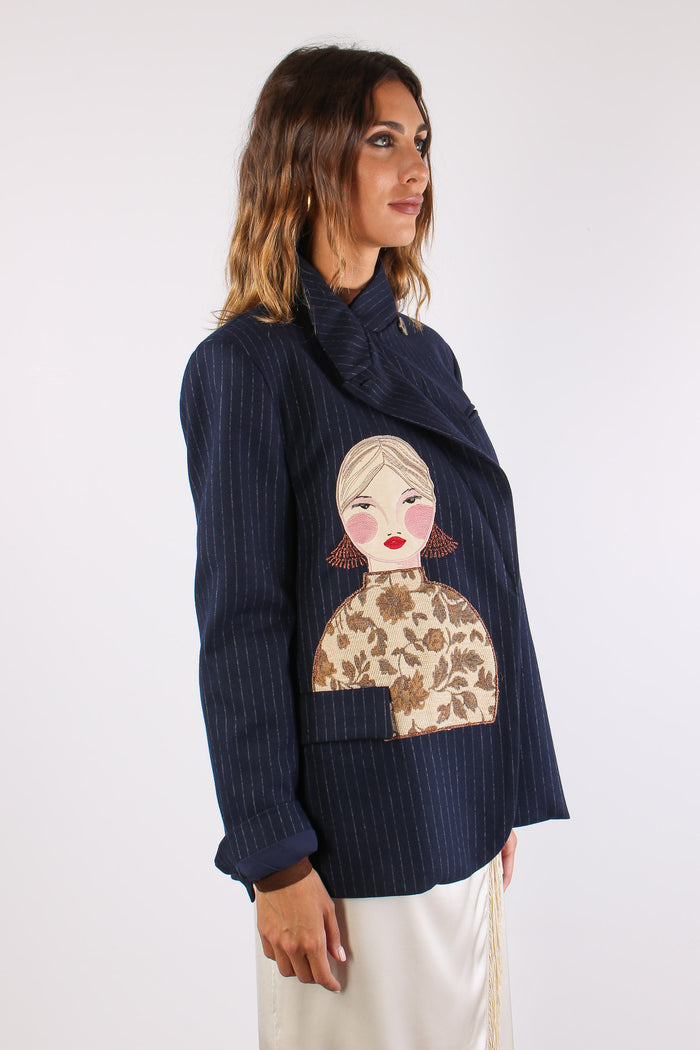 Giaccca Gessata Patch Donna Blu-6