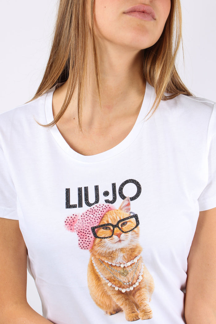 T-shirt Slim Stampa Gatto Bianco/cat-8
