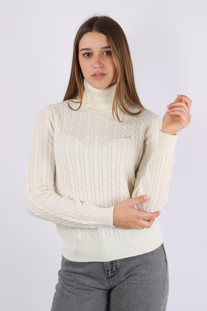 Maglia Collo Alto Trecce Bianco-4