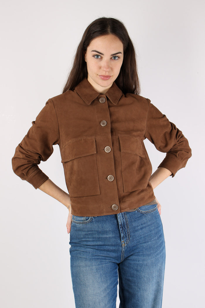 Giubbotto Corto Pelle Tasche Applicate Marron Glace-3