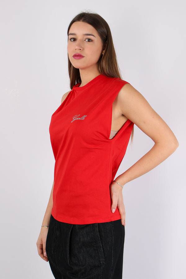 T-shirt Asimmetrica Logo Stras Rosso-2