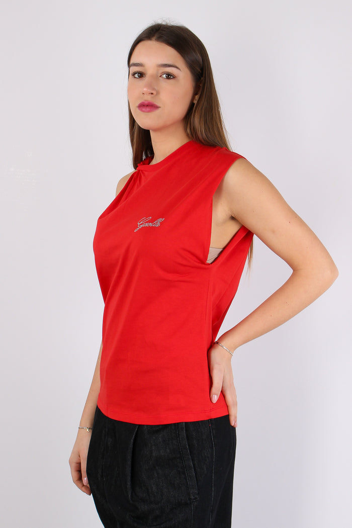 T-shirt Asimmetrica Logo Stras Rosso-2