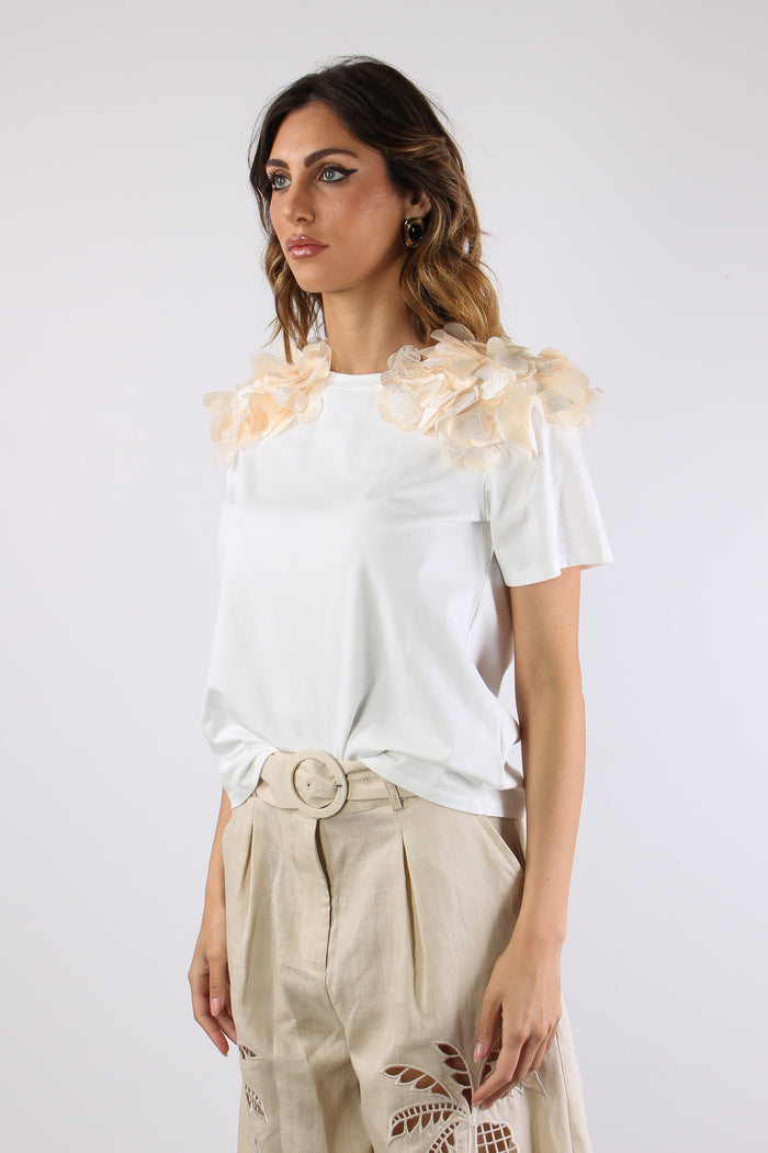 T-shir Applicazione Fiore Spalla Bianco-5