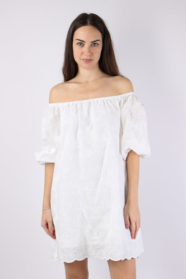 Abito Spalla Scesa Ricami Bianco-2