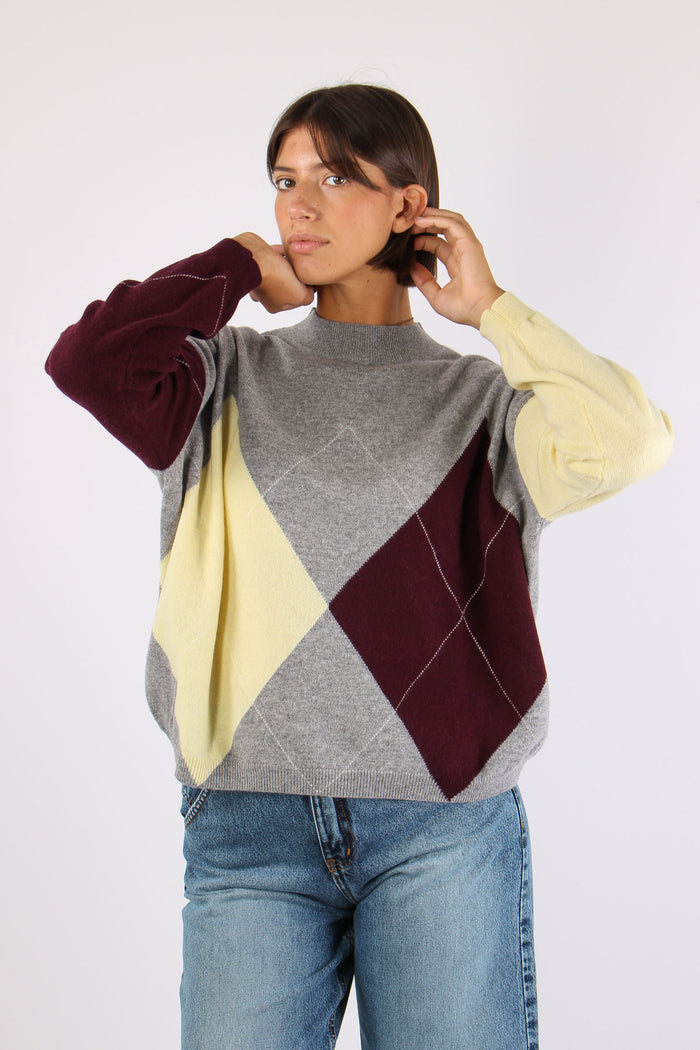 Maglia 100% Lana Rombi Grigio/vino/giallo-4