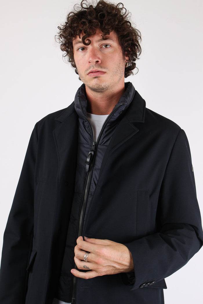 Cappotto Imbottito Tasche Applicate Blu Scuro-3