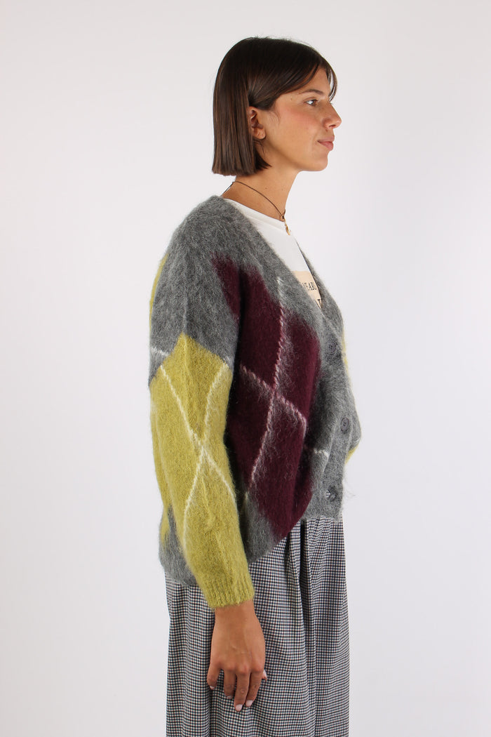 Cardigan Garzato Maxi Rombo Grigio/olio/bordeaux-6