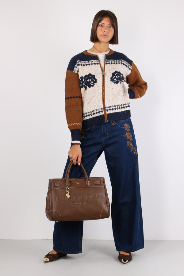 Cardigan Zip Jacquard Cammello/blu-2