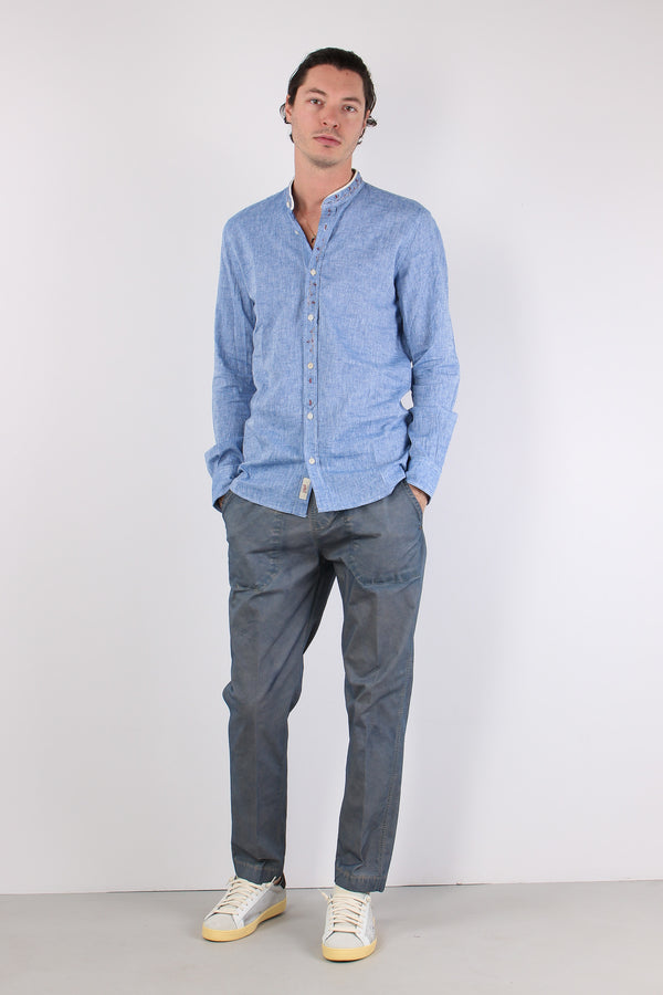 Camicia Lino Ricami Colletto Blu