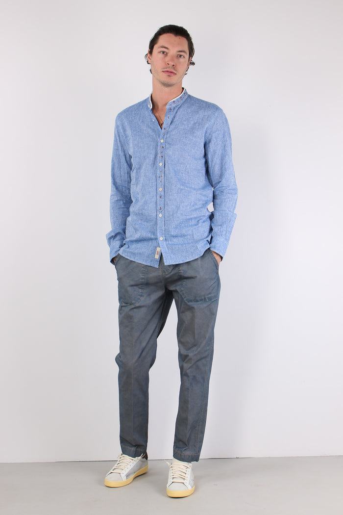 Camicia Lino Ricami Colletto Blu