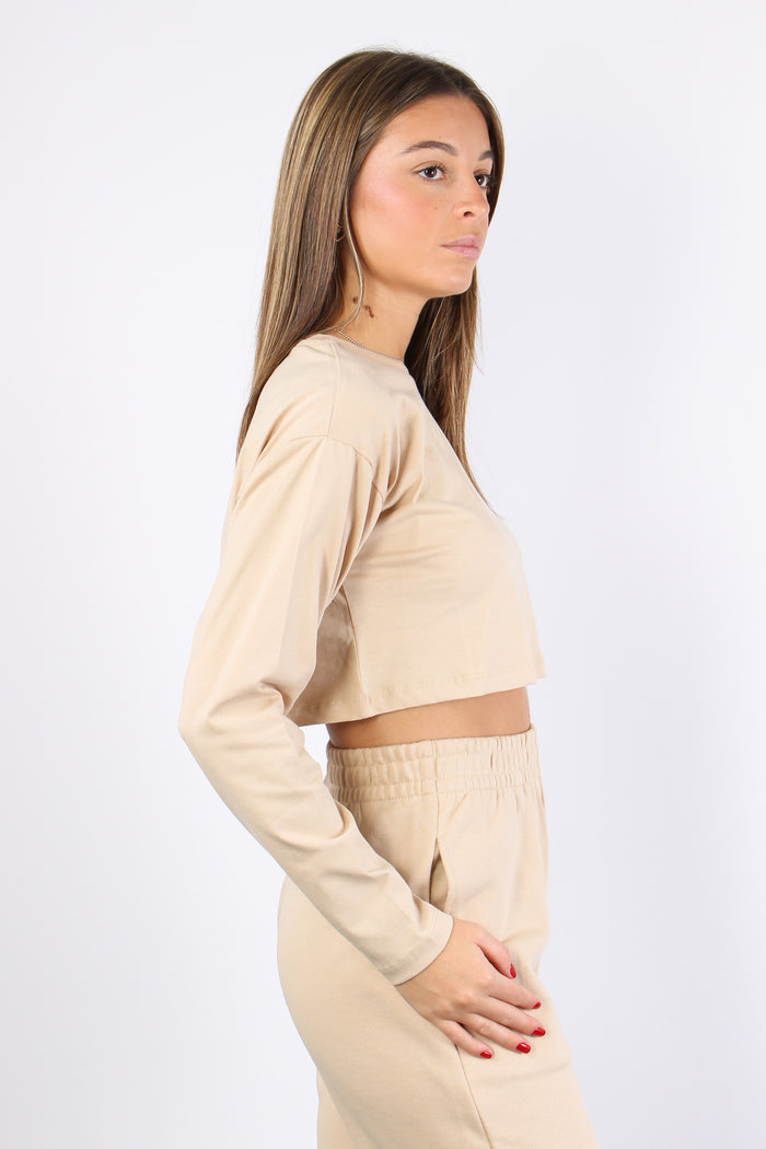 T-shirt Crop Cotone Nocciola-4