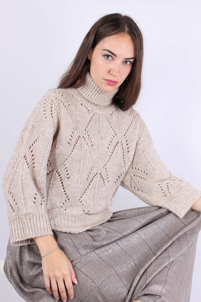 Maglia Collo Alto Traforata Panna-4