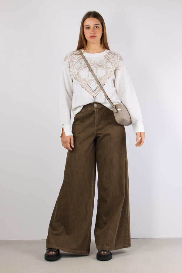 Maglia Inserto Perle Logo Bianco Latte