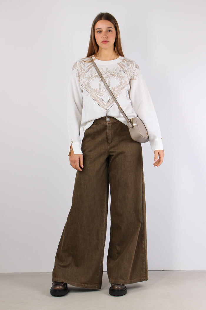 Maglia Inserto Perle Logo Bianco Latte