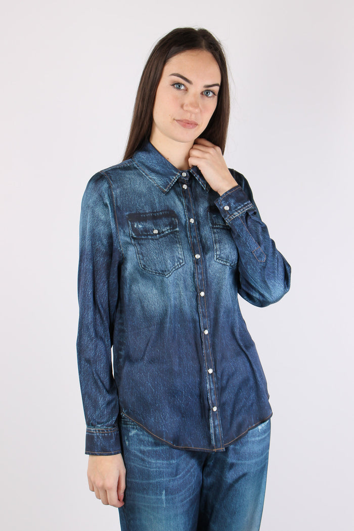 Camicia Jeans Stampa Digitale Denim Blu-3