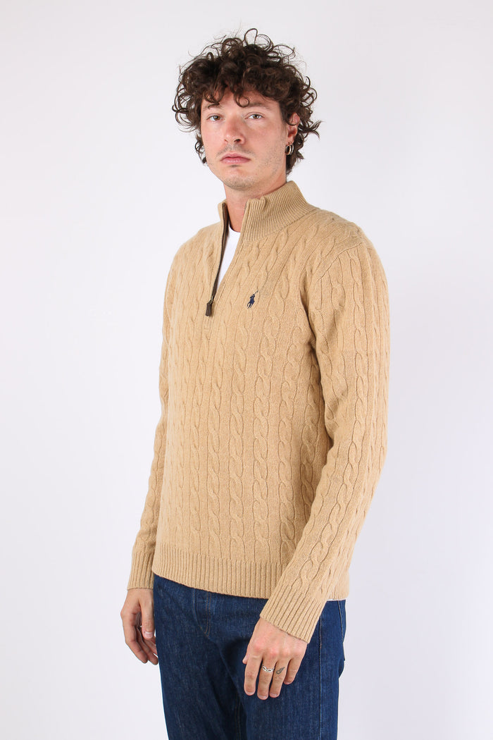 Maglia Mezza Zip Trecce Lana Camel Melange-4