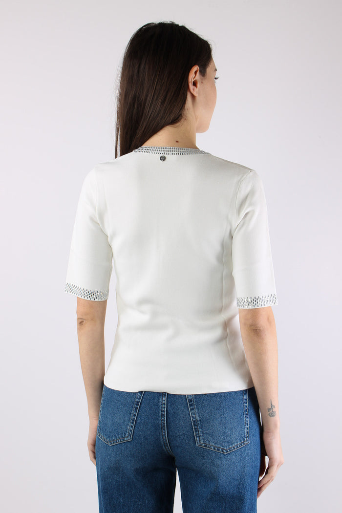 Maglia Scollo V Strass Bianco Lana-4