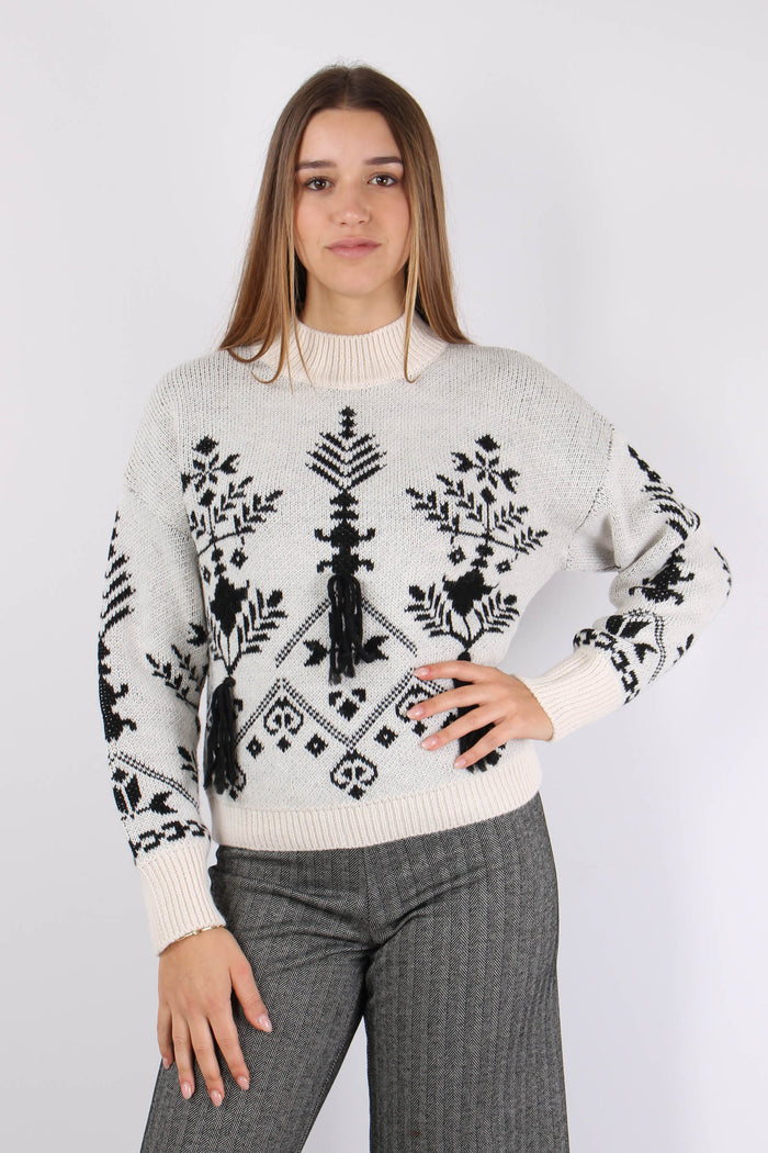 Maglia Collo Vulcano Jacquard Panna/nero