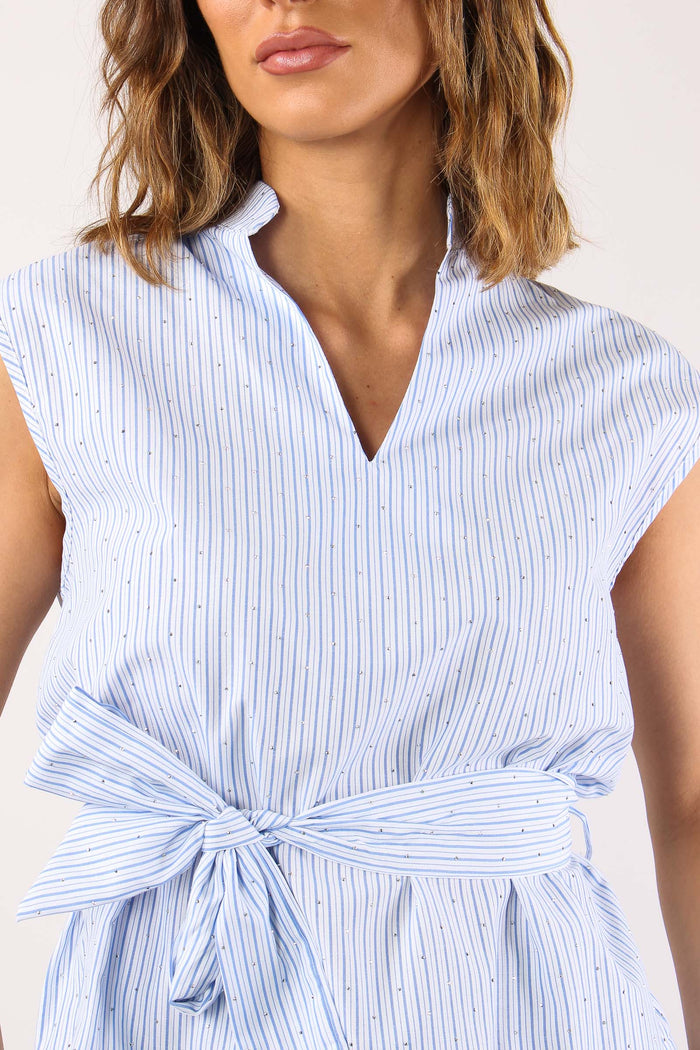 Camicia Smanicata Strass Cintu Blu-7