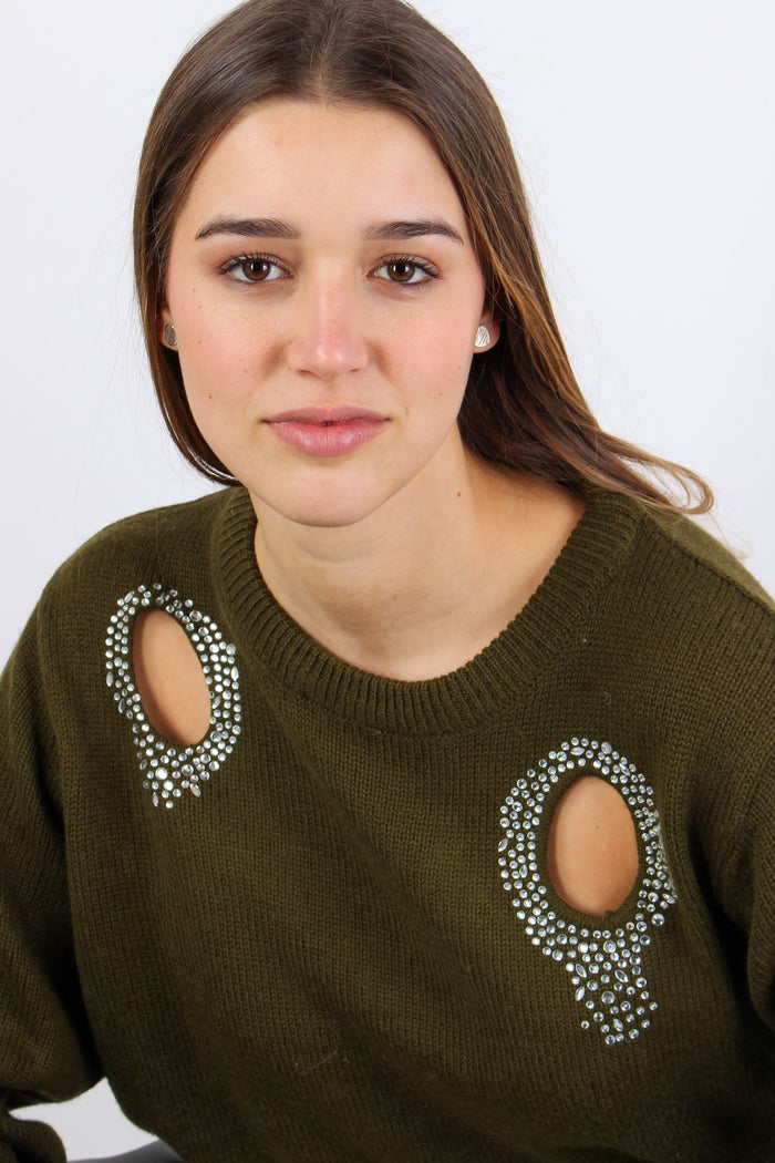 Maglia Aperture Davanti Strass Military Green-10