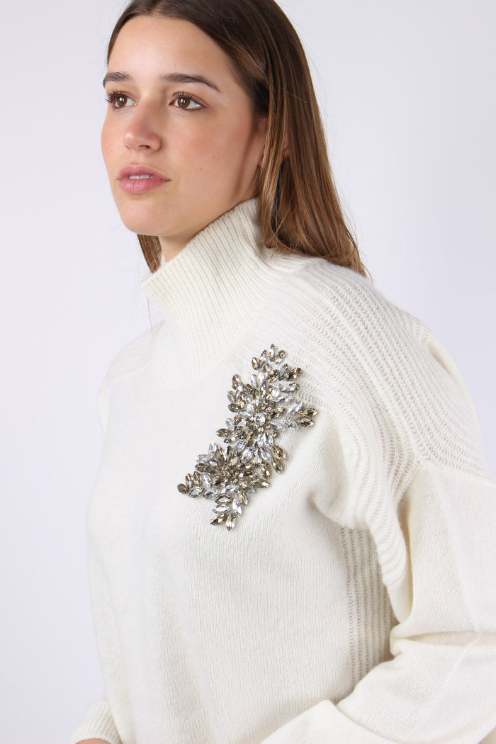 Maglia Collo Alto Applicazioni Bianco Lana-3