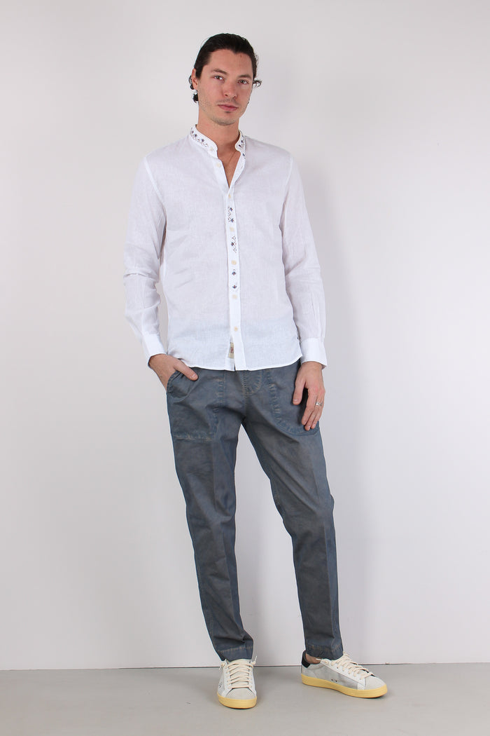 Camicia Lino Ricami Colletto Bianco-5