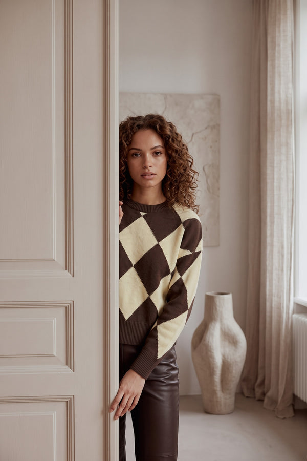 Maglia  100% Lana Losanghe Giallo/moro