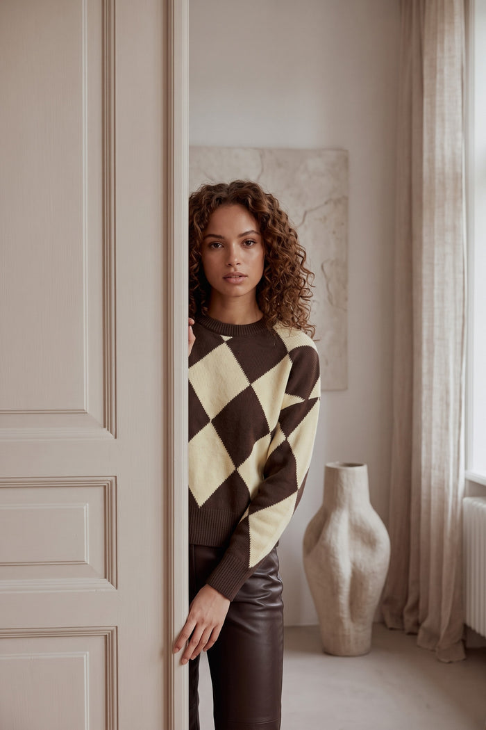 Maglia  100% Lana Losanghe Giallo/moro