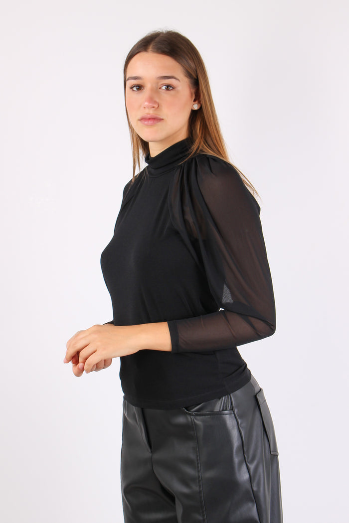 Top Bimateriale Manica Ampia Nero-10