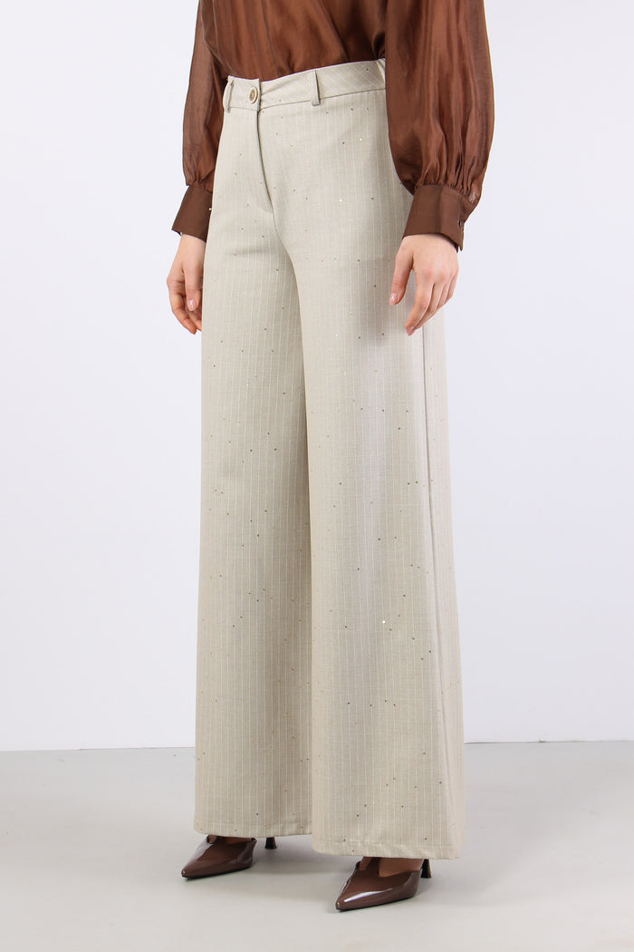 Pantalone Gessato Paillettes Beige-3