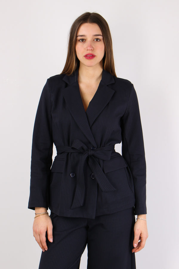 Giacca Cinturata Gessata Blu-2