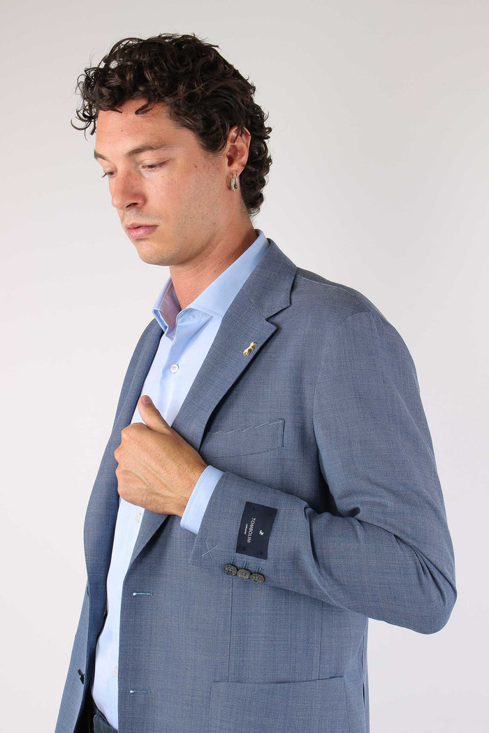 Giacca Micro Quadro Tasca Topp Azzurro-8
