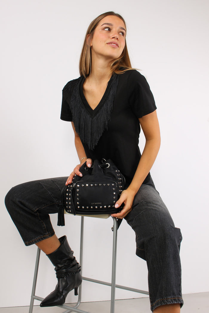 T-shirt V Frange Nero-3