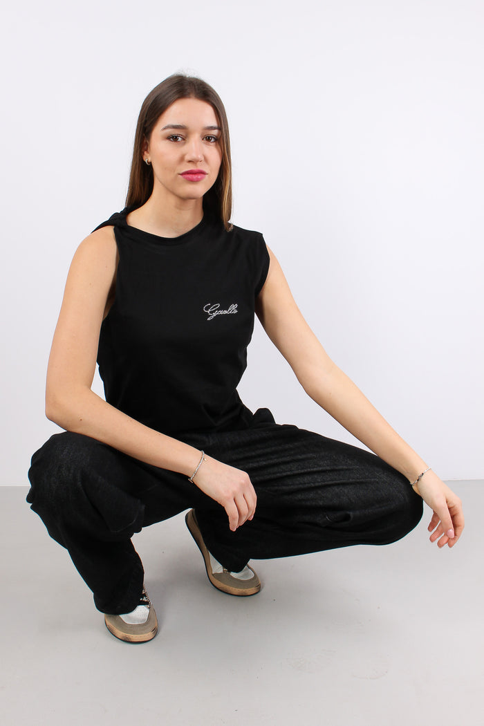 T-shirt Asimmetrica Logo Stras Nero-3