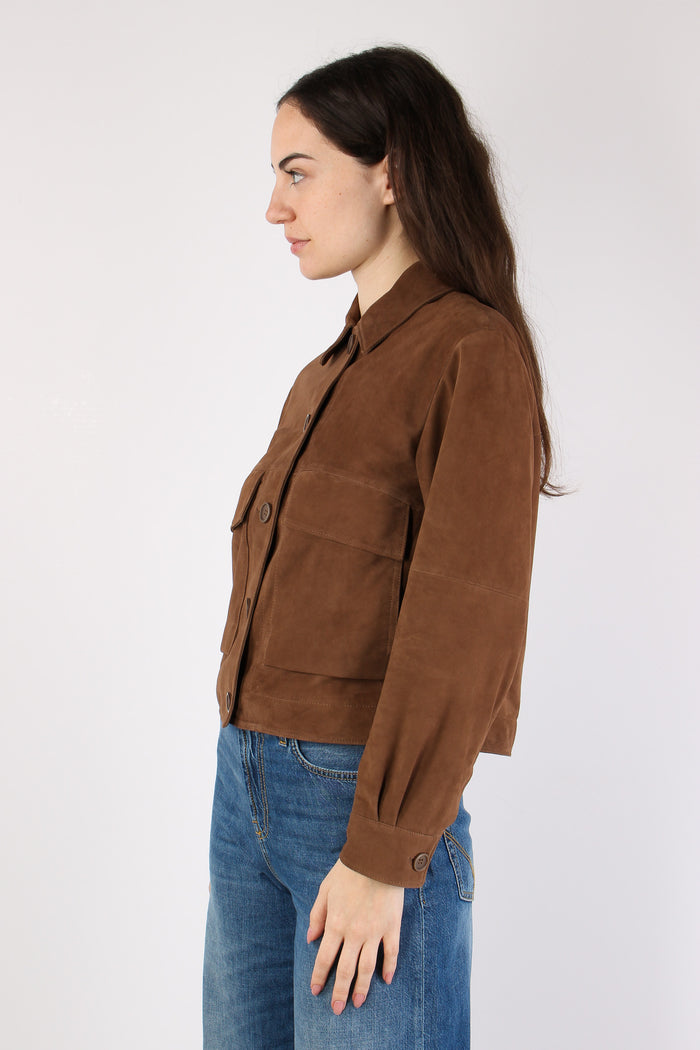 Giubbotto Corto Pelle Tasche Applicate Marron Glace-5