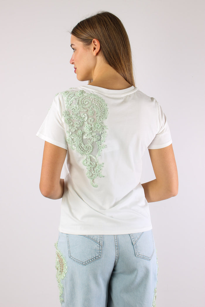 T-shrit Inserto Pizzo Paillettes Bianco-5