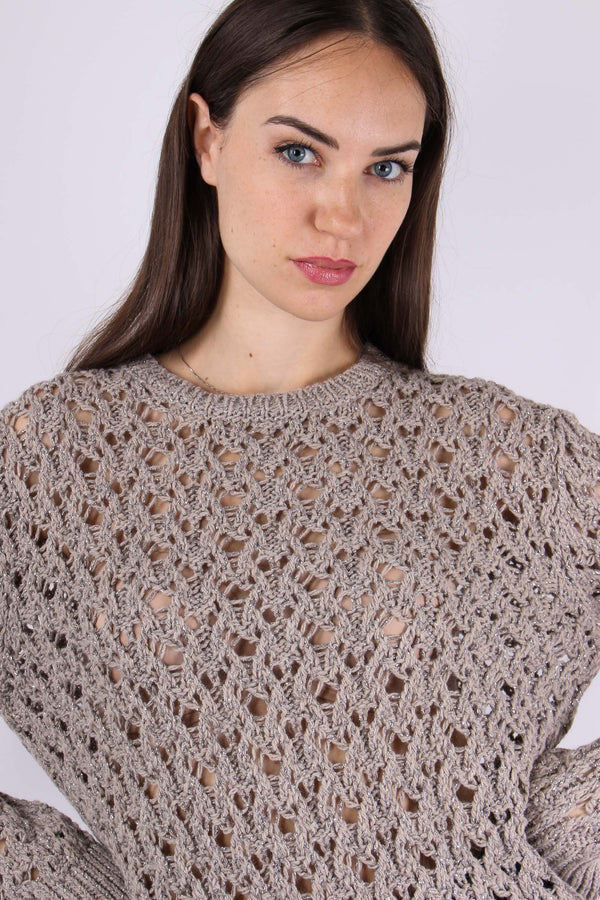 Maglia Traforata Inserto Lurex Tortora-2
