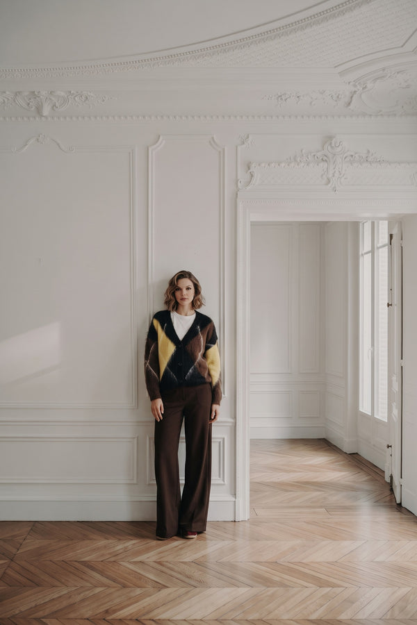 Cardigan Garzato Maxi Rombo Nero/moro/giallo