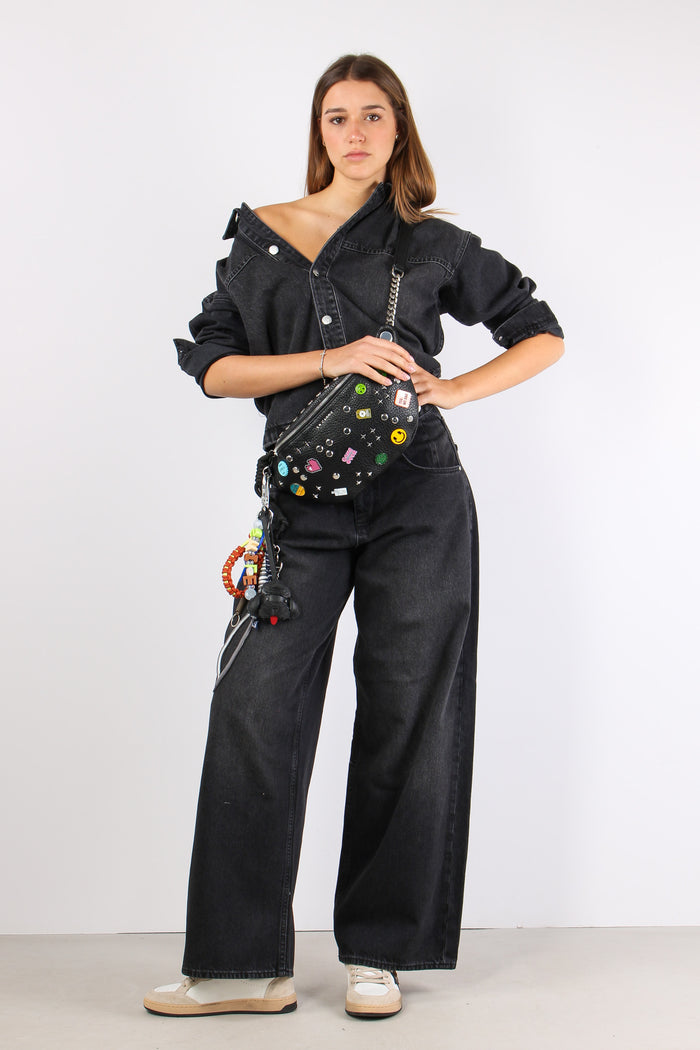 Denim Baggy Wide Bottoni Later Denim Scuro-3