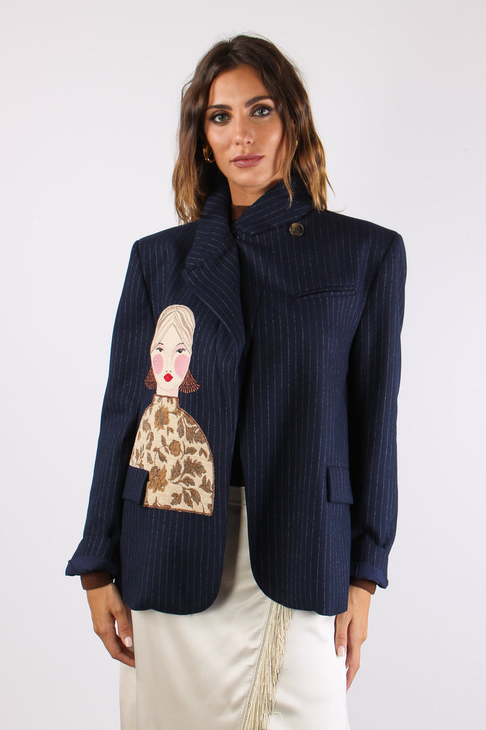 Giaccca Gessata Patch Donna Blu-2