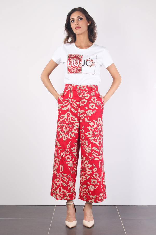 Pantalone Cropped Stampa Fiori Red Oriental