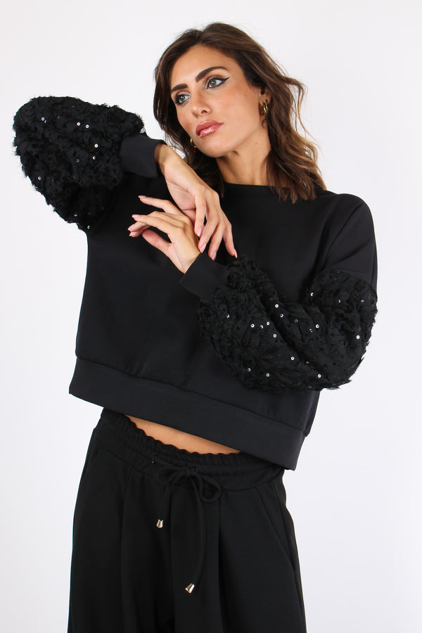Felpa Manica Paillettes Tulle Nero-2