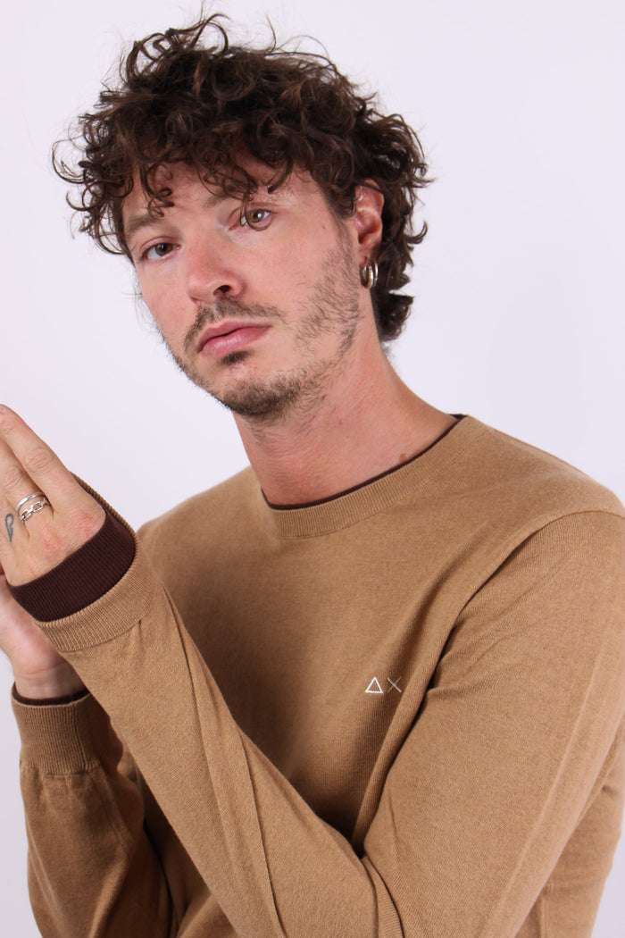 Maglia Girocollo Profilo Contrasto Cammello-8