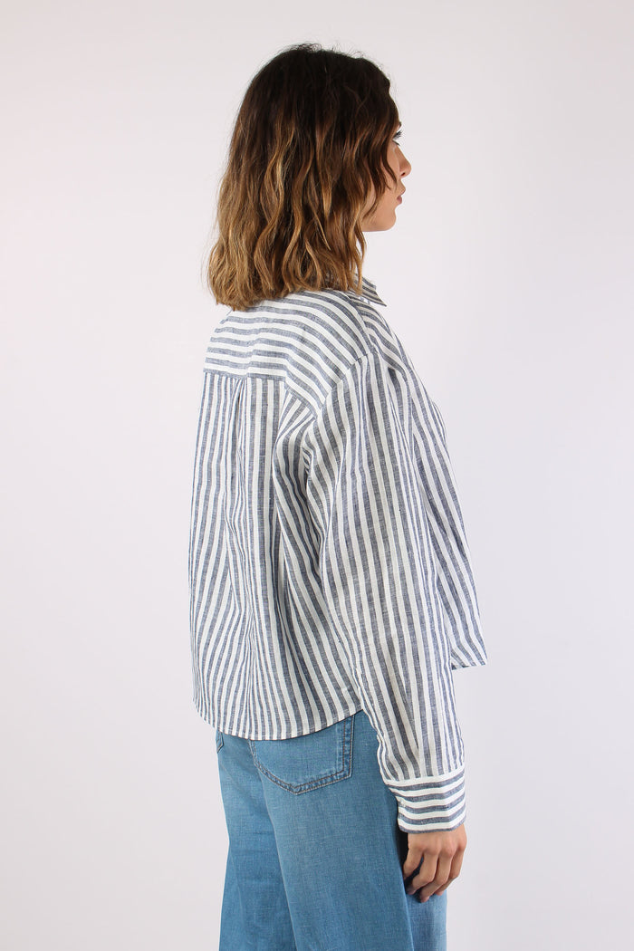 Albatro Camicia Lino Riga Tasca Bianco/blu-6