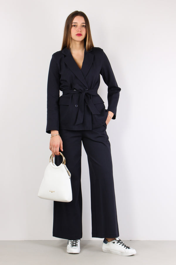 Giacca Cinturata Gessata Blu