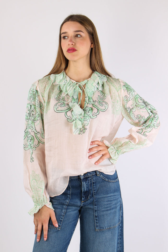 Camicia Lino Fantasia Inserto Nappine Crema/verde-4