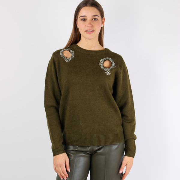 Maglia Aperture Davanti Strass Military Green-2